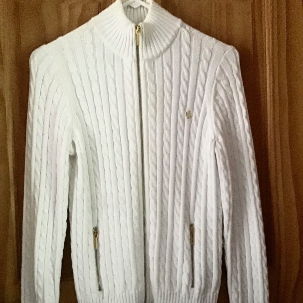 Ralph Lauren white zip-up tennis sweater,2 zippered pockets, embroidered logo/MP